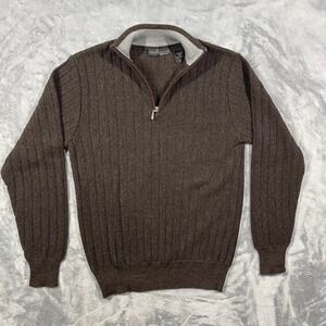 Peru Unlimited Mens 100% Royal Alpaca Brown Ribbed Quarter Zip Sweater Size M